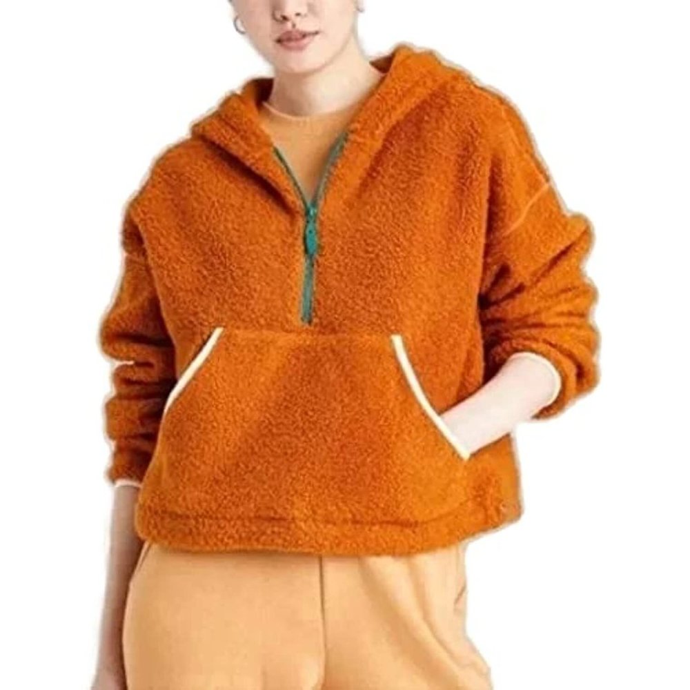 Women's Half-Zip Sherpa Anorak Hoodie Jacket -  Rust Color